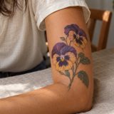 Duas flores de amor-perfeito roxas e amarelas na parte interna do braço feminino