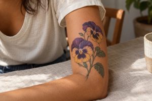 Duas flores de amor-perfeito roxas e amarelas na parte interna do braço feminino