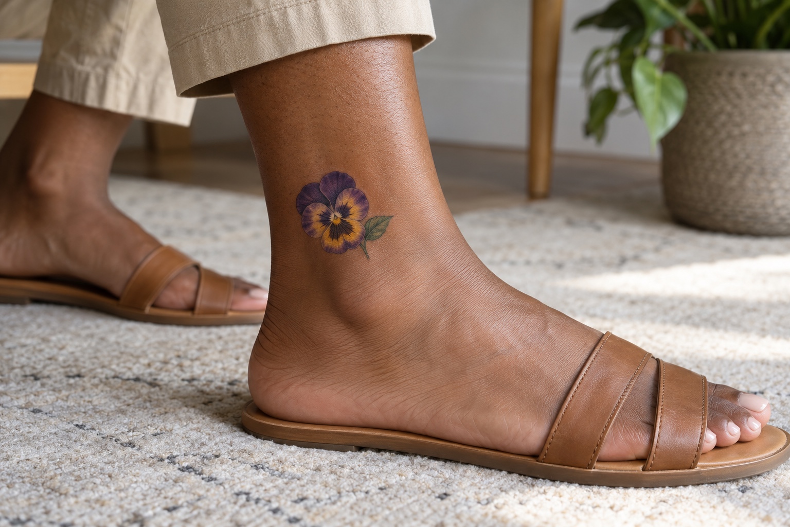 Amor-perfeito roxo e amarelo com pequena folha acima do tornozelo feminino