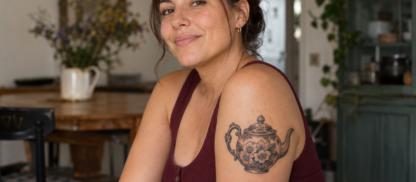 Bule vintage em preto e cinza tatuado no braço de mulher adulta