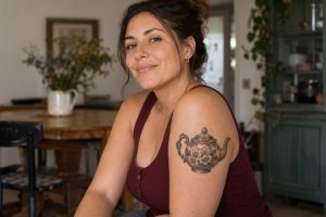 Bule vintage em preto e cinza tatuado no braço de mulher adulta