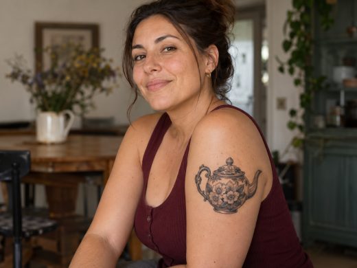 Bule vintage em preto e cinza tatuado no braço de mulher adulta