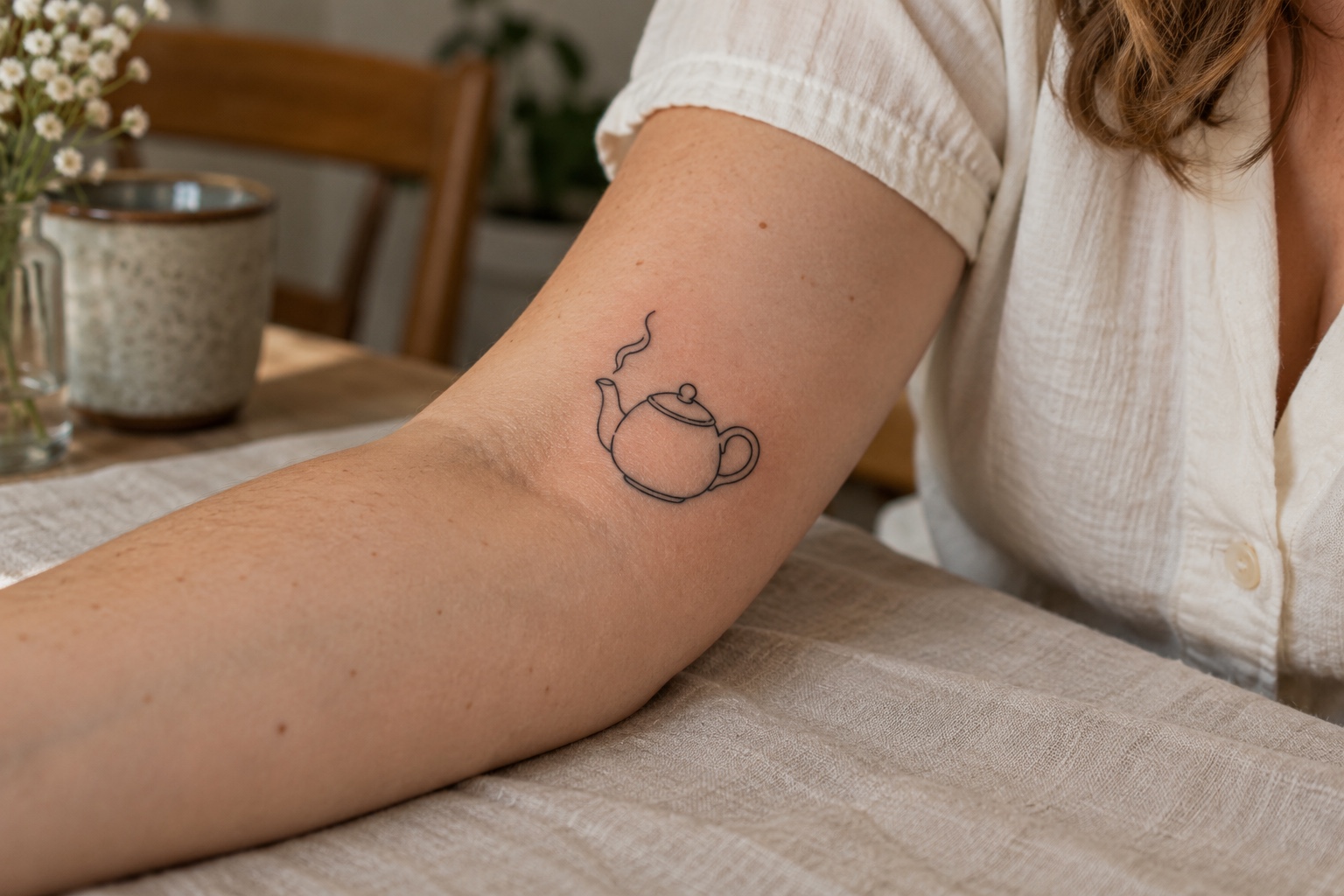 Bule de contorno preto tatuado na parte interna do antebraço de mulher adulta