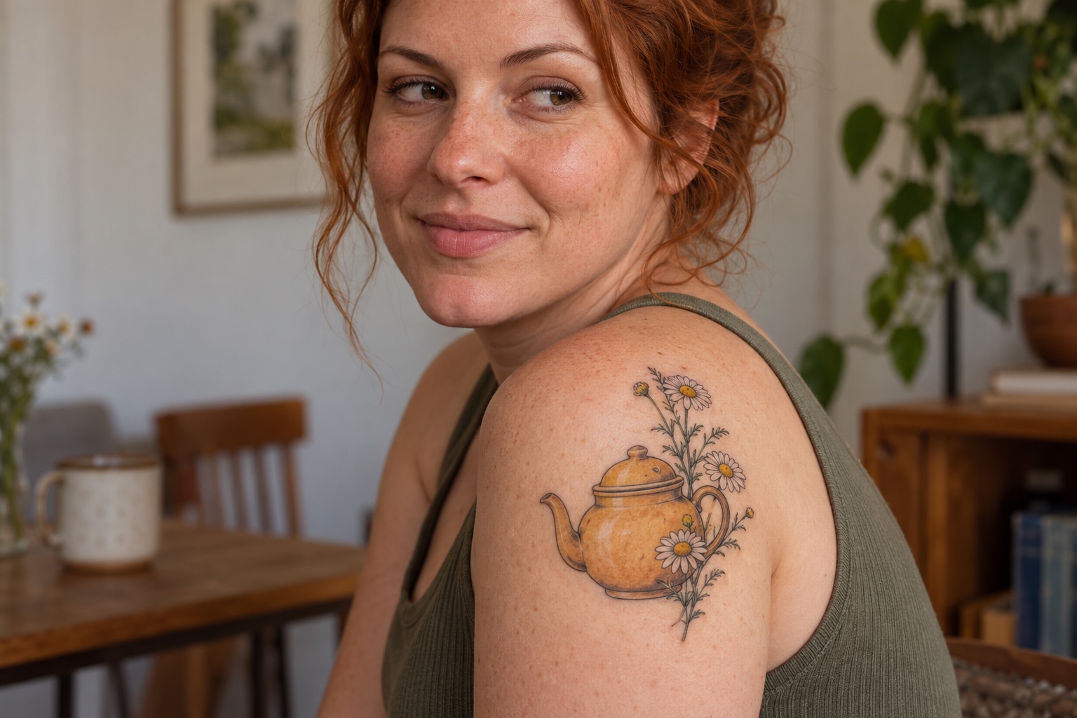 Bule com ramo de camomila tatuado no ombro de mulher adulta