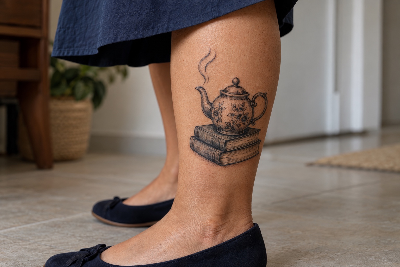 Bule sobre dois livros tatuado na panturrilha de mulher adulta