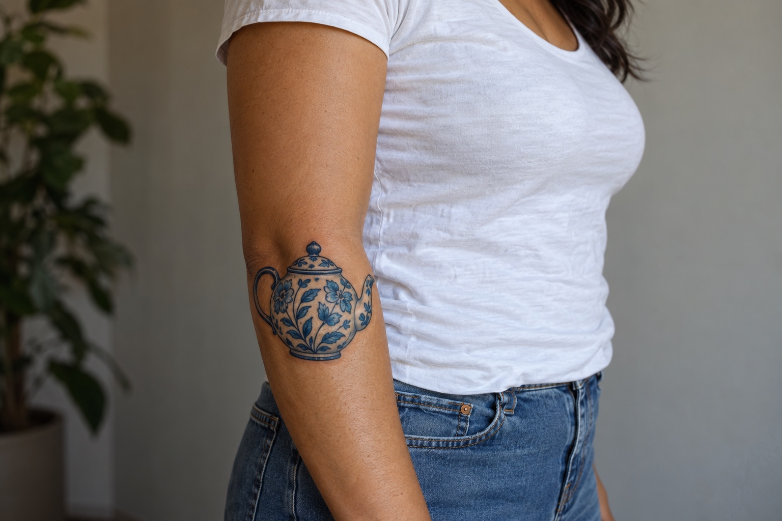 Bule com ornamentos azuis tatuado no antebraço de mulher adulta