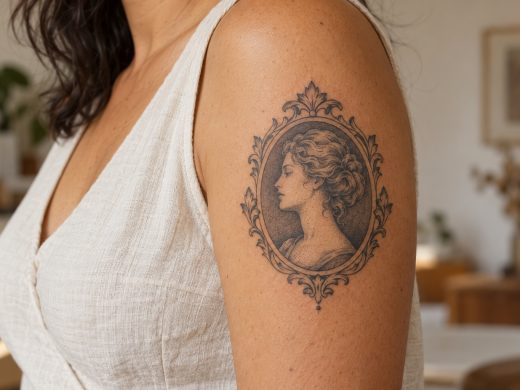 Referência gerada com IA de tatuagem de camafeu ornamental em preto e cinza no braço feminino