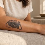 Tatuagem de câmera analógica com alça no antebraço de uma mulher adulta