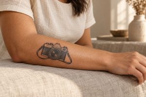 Tatuagem de câmera analógica com alça no antebraço de uma mulher adulta