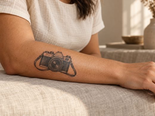 Tatuagem de câmera analógica com alça no antebraço de uma mulher adulta