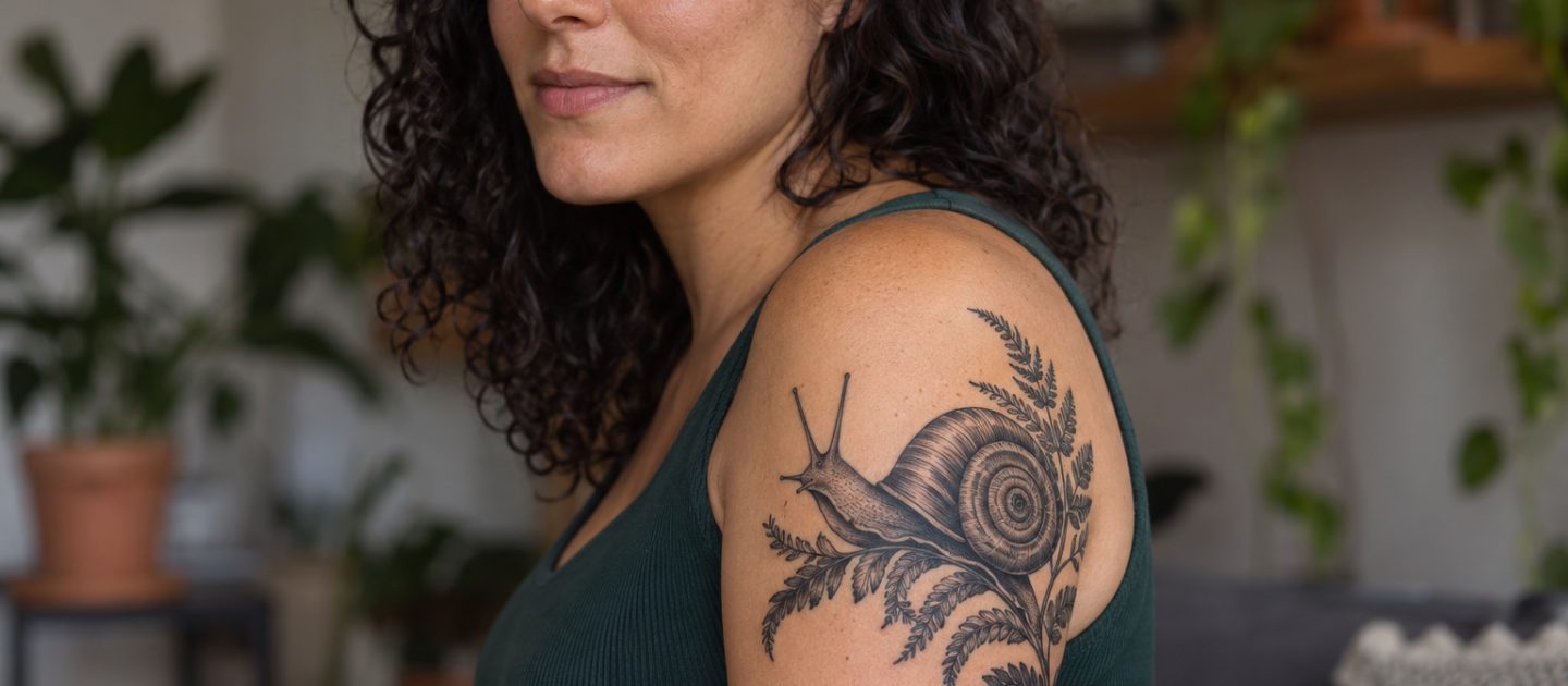Caracol com ramo de samambaia tatuado em preto e cinza no braço de mulher adulta