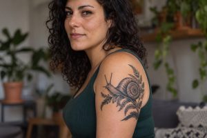 Caracol com ramo de samambaia tatuado em preto e cinza no braço de mulher adulta