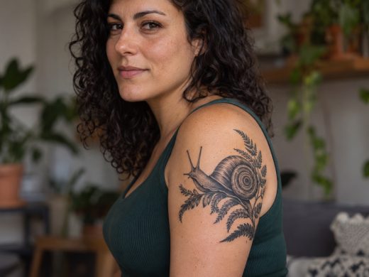 Caracol com ramo de samambaia tatuado em preto e cinza no braço de mulher adulta