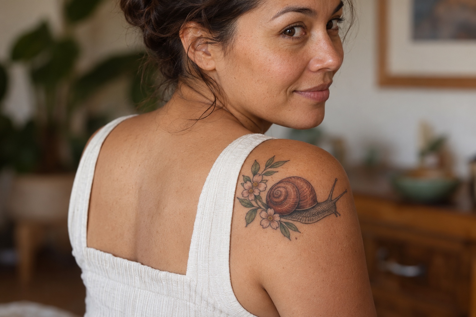 Caracol com concha terracota e flores pequenas tatuado no ombro de mulher adulta