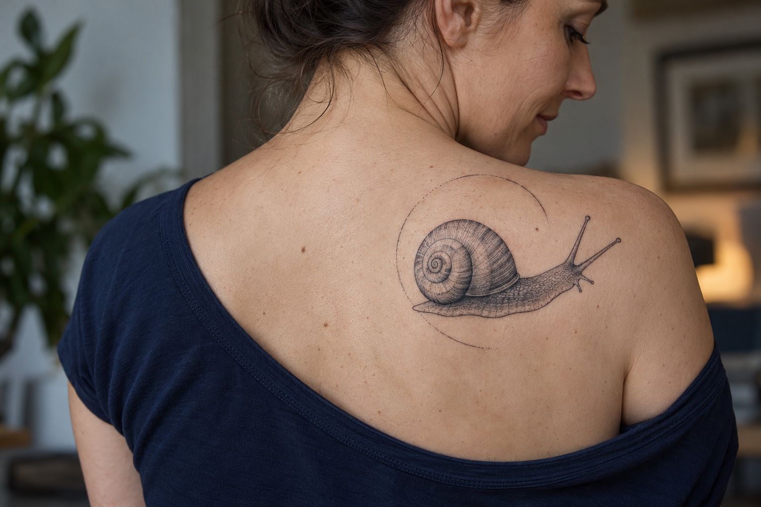 Caracol em pontilhismo com círculo aberto tatuado nas costas superiores de mulher adulta