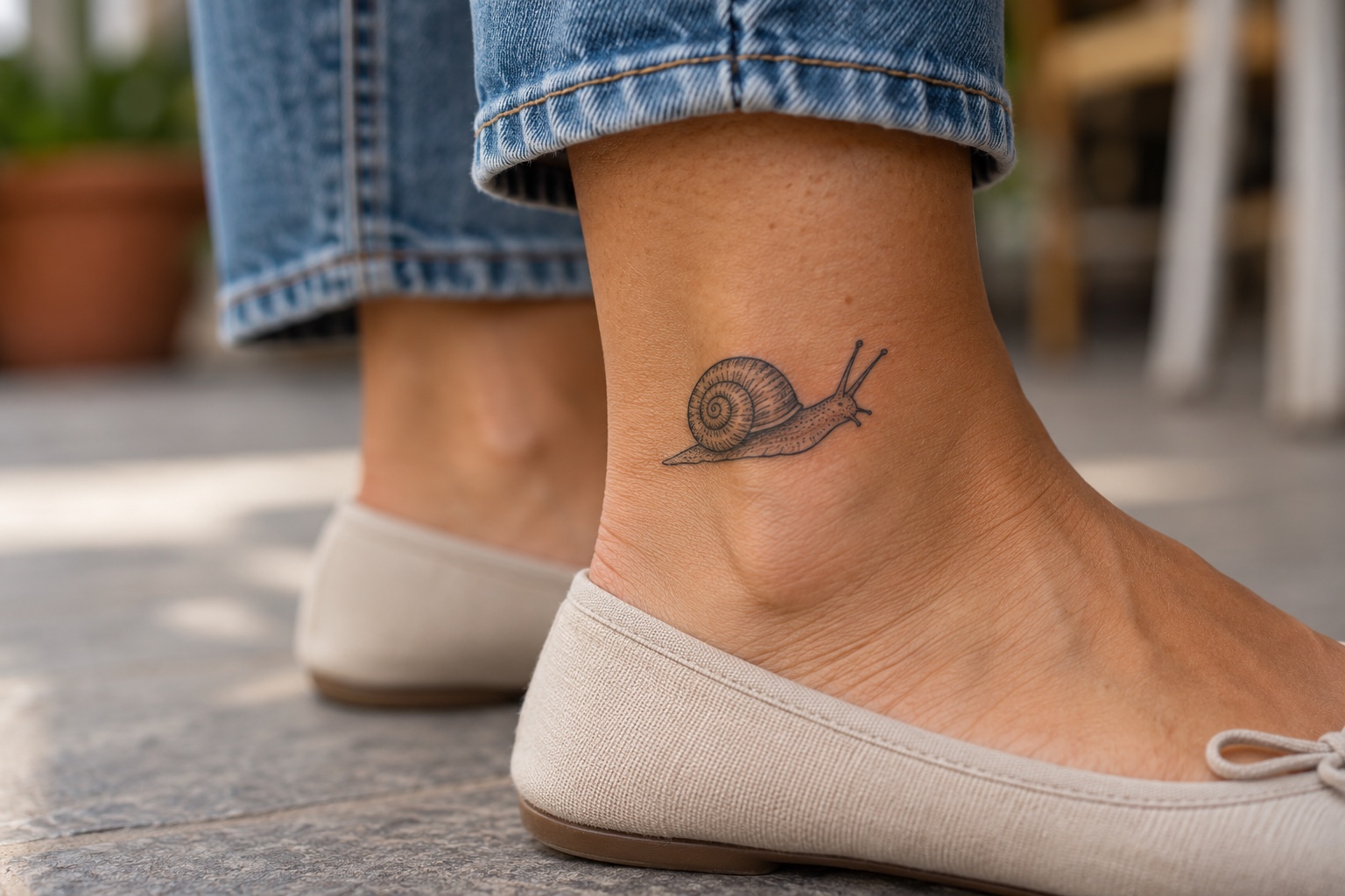 Pequeno caracol de contorno preto tatuado acima do tornozelo de mulher adulta