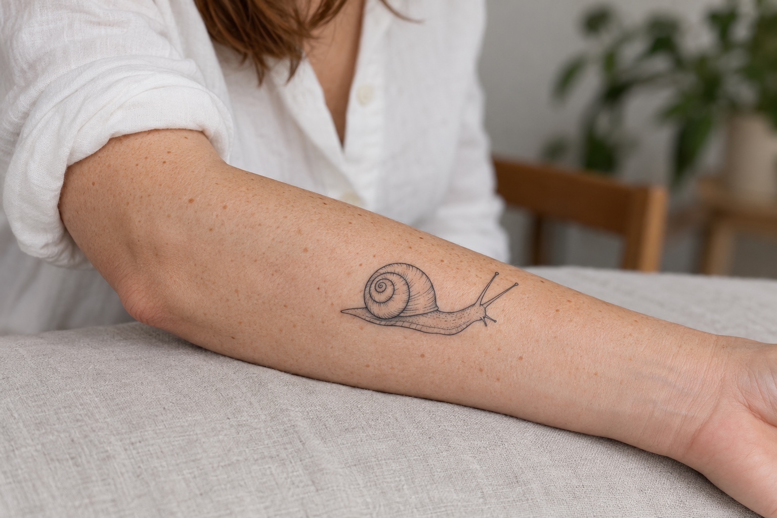 Caracol em traço fino tatuado no antebraço de mulher adulta