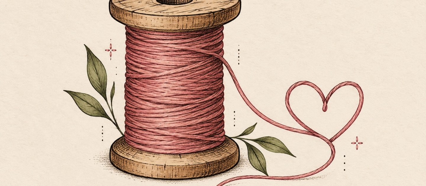 Ilustração de carretel de madeira com linha rosa, folhas e fio em forma de coração