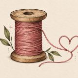 Ilustração de carretel de madeira com linha rosa, folhas e fio em forma de coração