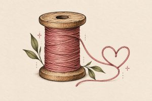 Ilustração de carretel de madeira com linha rosa, folhas e fio em forma de coração