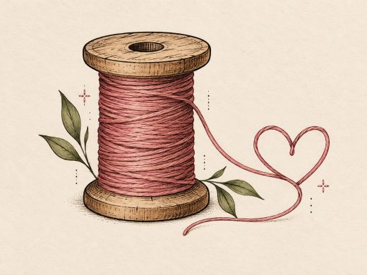 Ilustração de carretel de madeira com linha rosa, folhas e fio em forma de coração