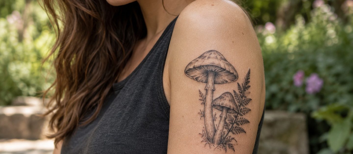 Tatuagem de dois cogumelos e samambaia no braço de uma mulher adulta