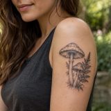Tatuagem de dois cogumelos e samambaia no braço de uma mulher adulta