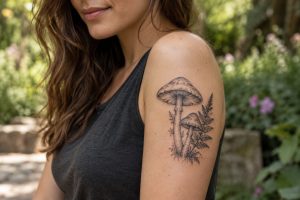Tatuagem de dois cogumelos e samambaia no braço de uma mulher adulta