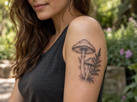Tatuagem de dois cogumelos e samambaia no braço de uma mulher adulta