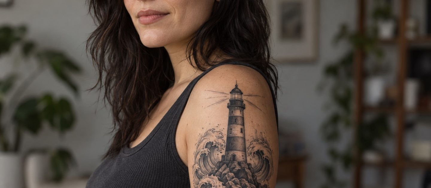 Tatuagem de farol com ondas em preto e cinza no braço de mulher adulta