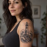 Tatuagem de farol com ondas em preto e cinza no braço de mulher adulta