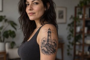 Tatuagem de farol com ondas em preto e cinza no braço de mulher adulta