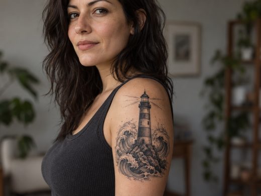 Tatuagem de farol com ondas em preto e cinza no braço de mulher adulta