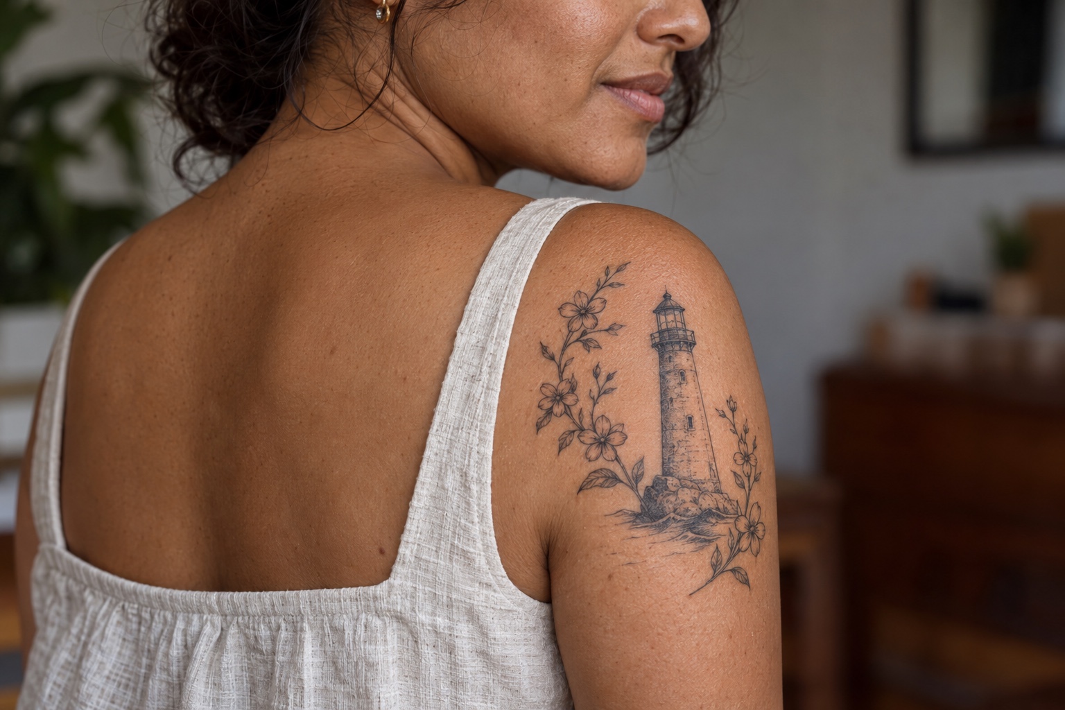 Farol com flores pequenas tatuado no ombro de mulher adulta