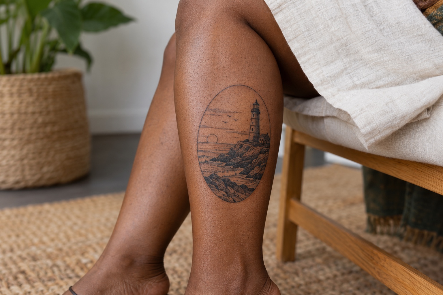 Paisagem oval com farol e mar tatuada na panturrilha de mulher adulta