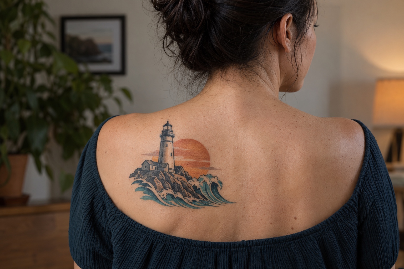 Farol com pôr do sol em cores tatuado nas costas superiores de mulher adulta