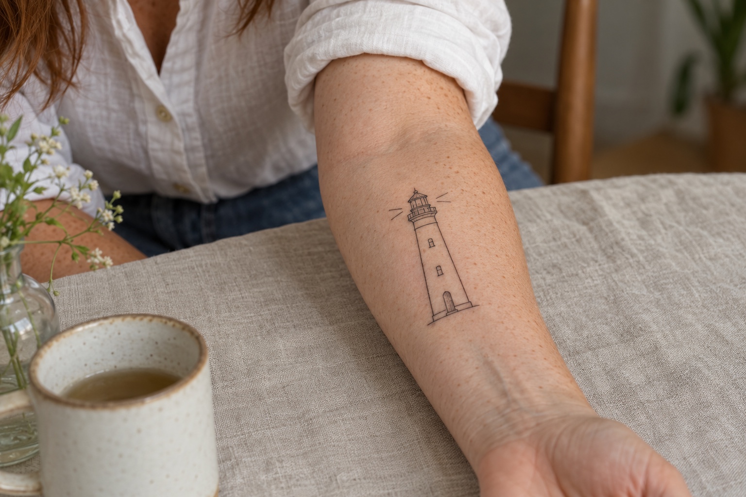 Farol em traço preto simples tatuado no antebraço de mulher adulta