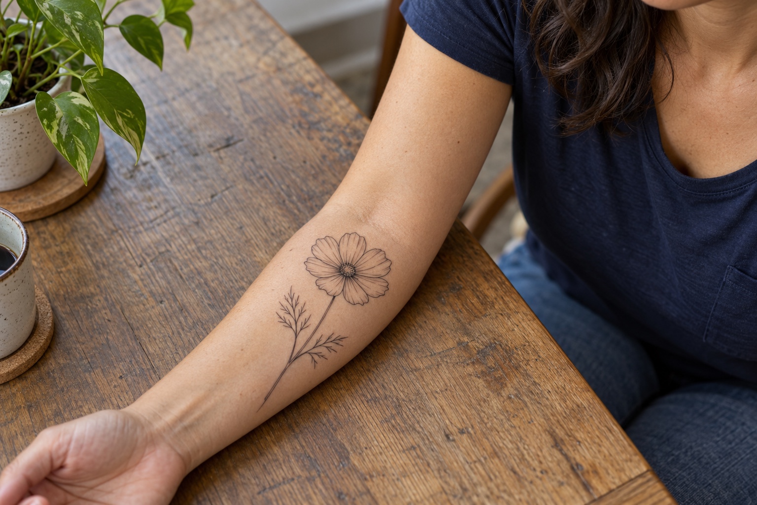 Flor de cosmos em contorno preto com caule no antebraço feminino