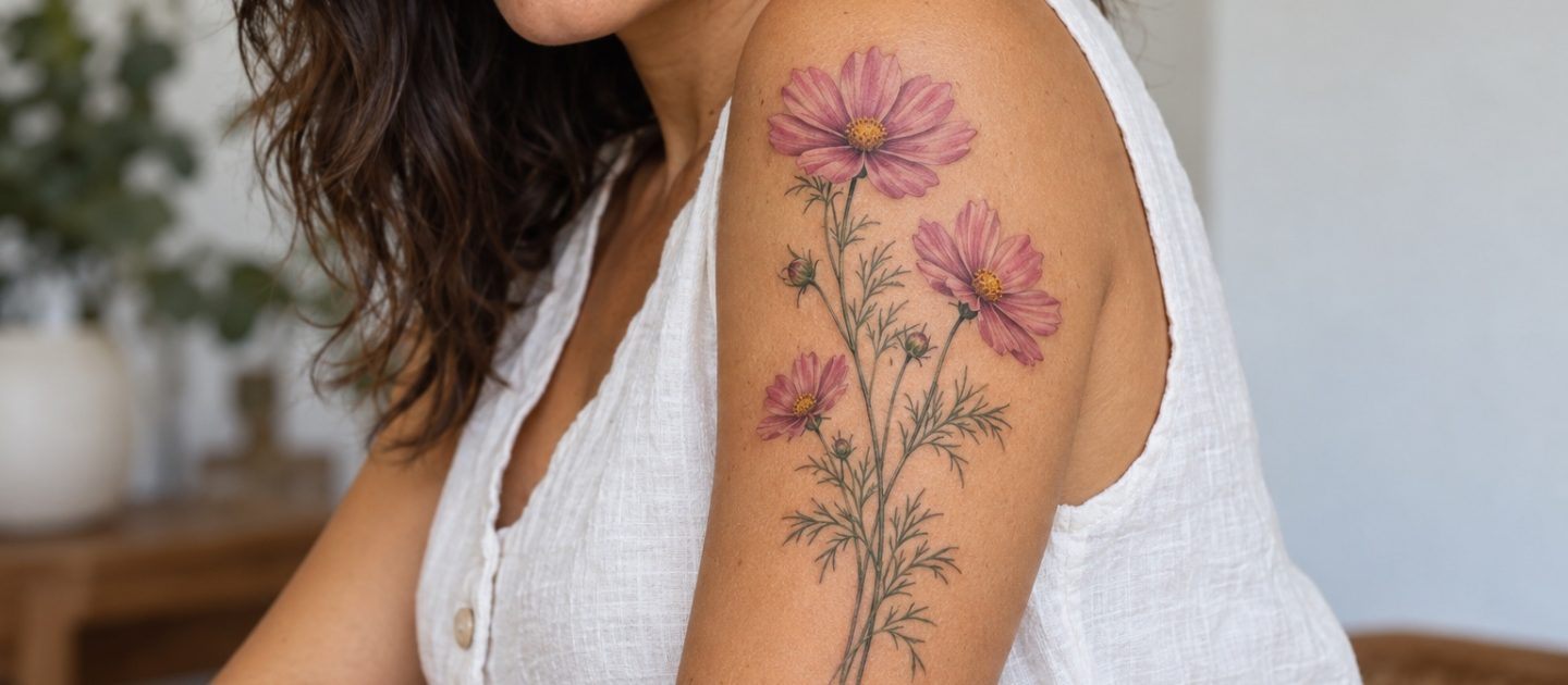 Três flores de cosmos rosadas com folhas finas no braço de mulher adulta