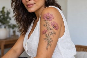 Três flores de cosmos rosadas com folhas finas no braço de mulher adulta