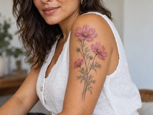 Três flores de cosmos rosadas com folhas finas no braço de mulher adulta