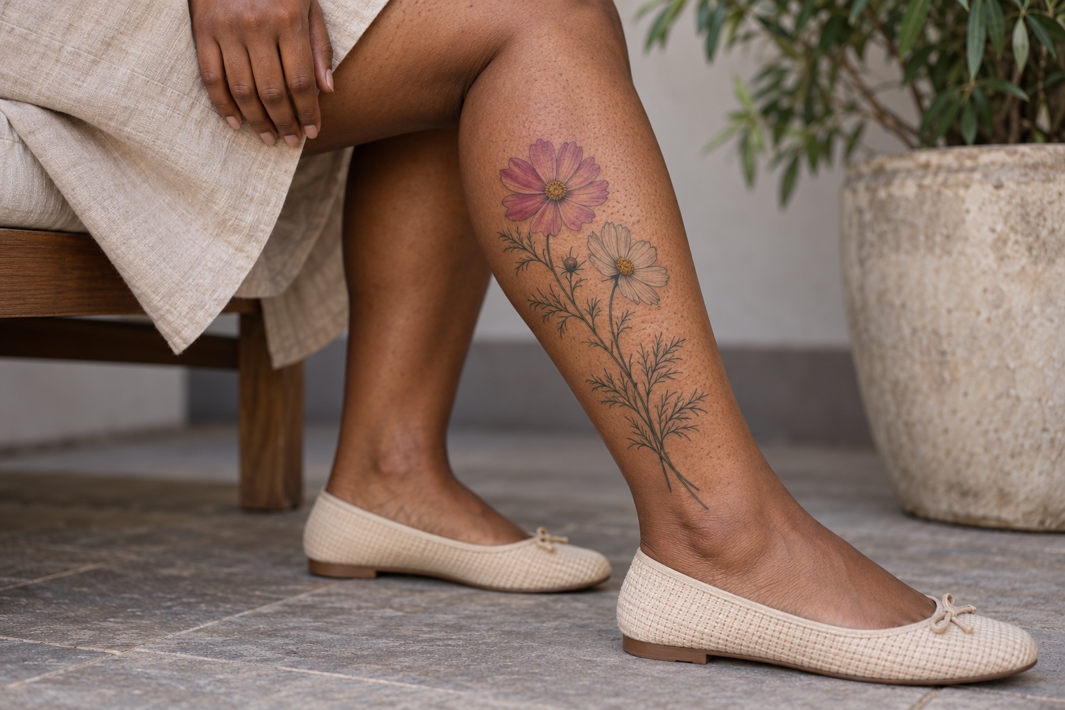 Duas flores de cosmos em rosa e sem preenchimento na panturrilha feminina