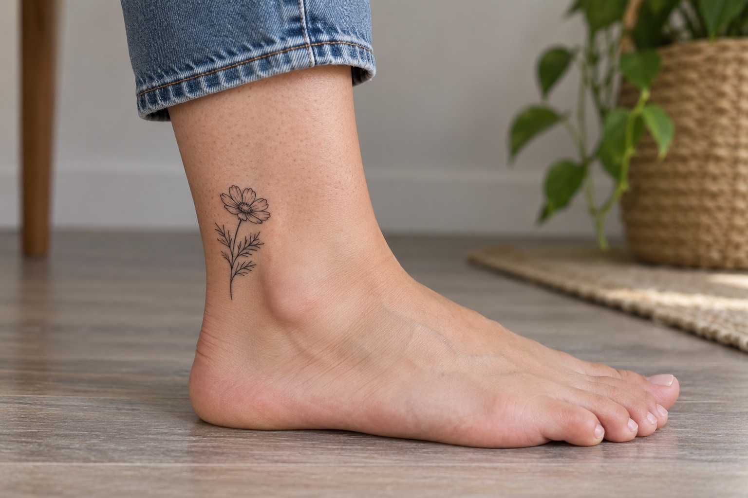 Pequena flor de cosmos em preto acima do tornozelo feminino