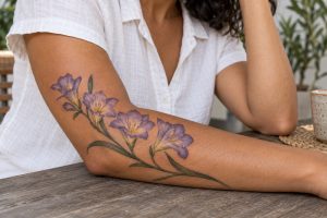 Ramo de frésias em lavanda com flores abertas e botões no braço feminino