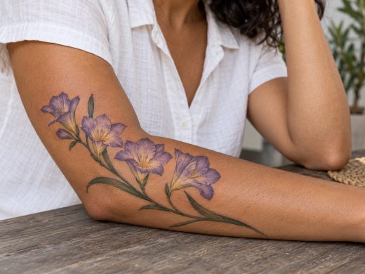Ramo de frésias em lavanda com flores abertas e botões no braço feminino