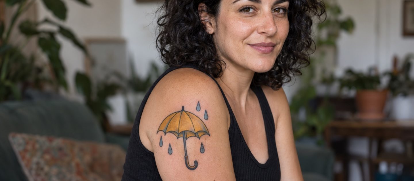 Guarda-chuva amarelo com gotas tatuado no braço de mulher adulta