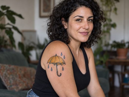 Guarda-chuva amarelo com gotas tatuado no braço de mulher adulta