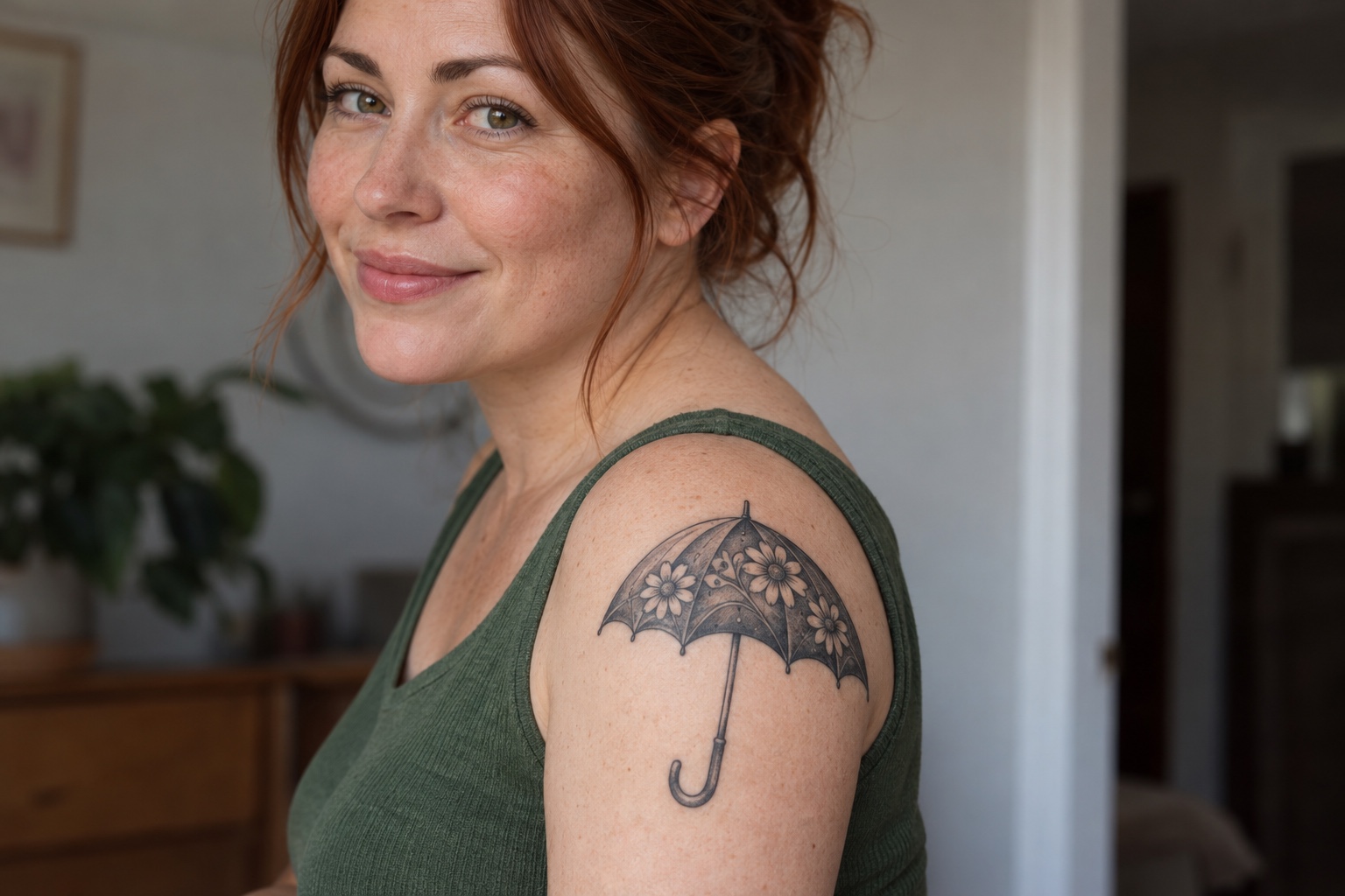 Guarda-chuva com flores na cobertura tatuado no ombro de mulher adulta