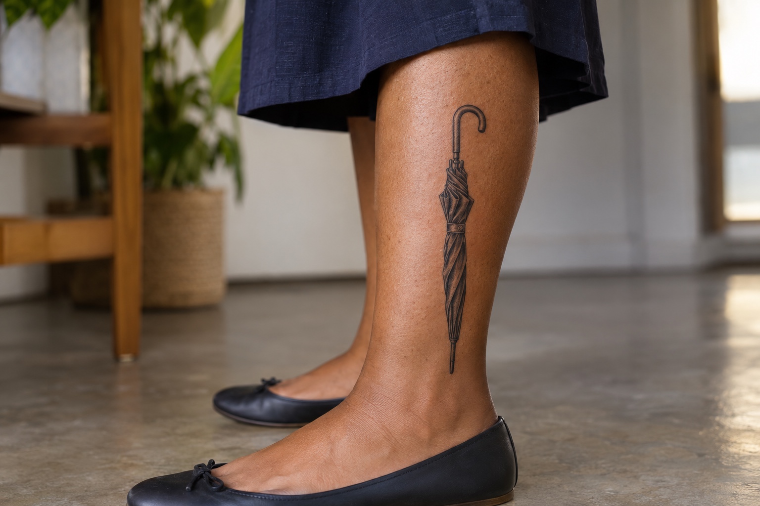 Guarda-chuva fechado em preto e cinza tatuado na panturrilha de mulher adulta