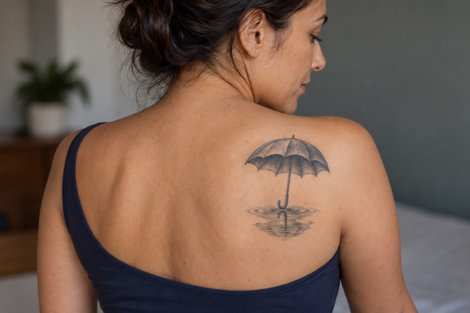 Guarda-chuva com reflexo em uma poça tatuado nas costas superiores de mulher adulta